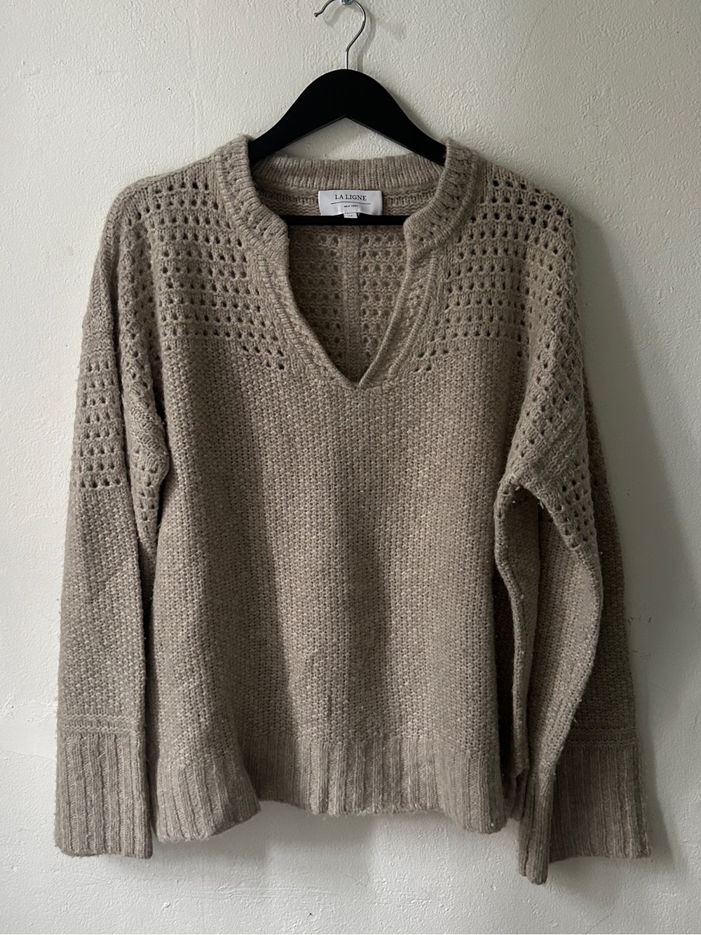 LA Ligne Sweater Womens Medium Beige Open Knit Cashmere Merino Wool Oversized